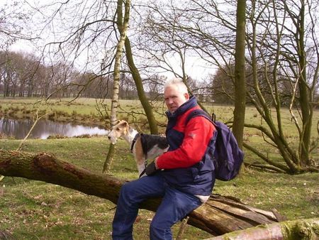 Foxterrier Drahthaar Wir beiden auf einer baumstamme in die natur